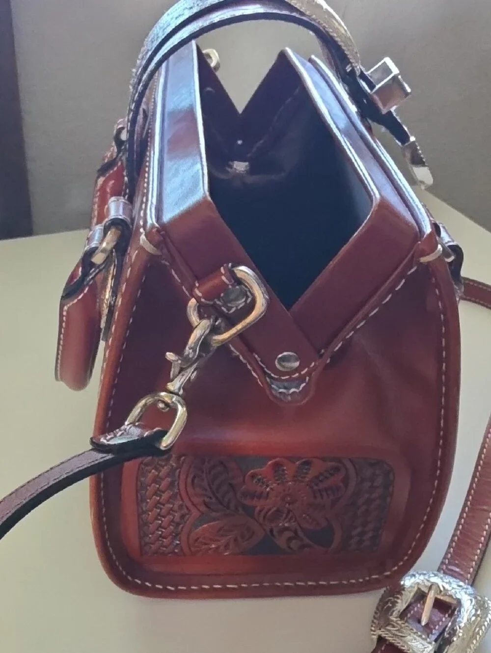 Women’s Tooled Leather Crossbody Bag in Saddle Brown with Silver Buckle